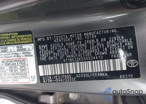 2005 Toyota Camry Le z USA, uszkodzony, nr VIN 4T1BE32K55U524413